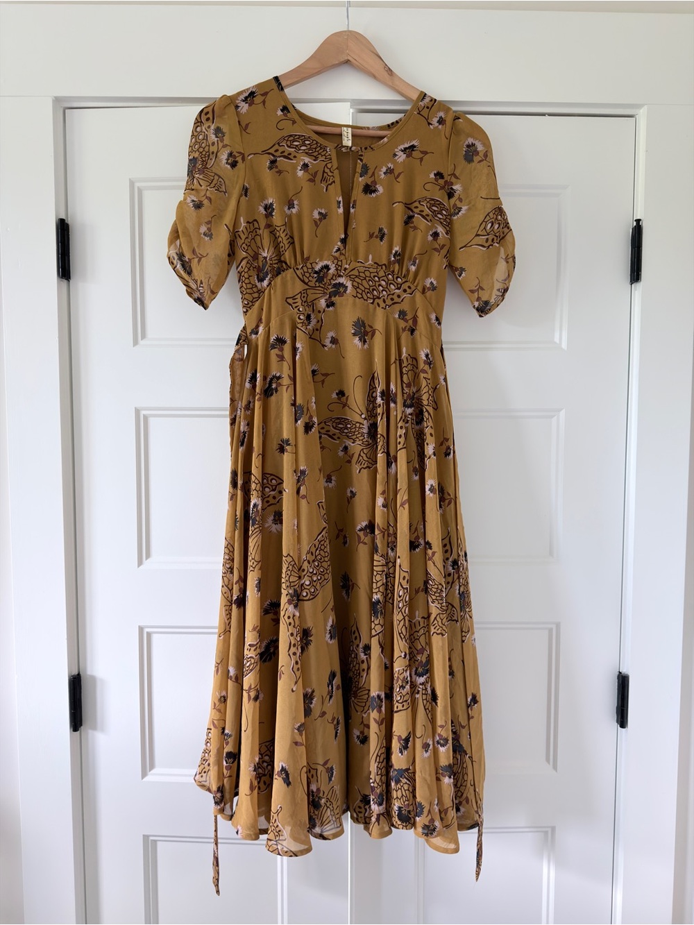 Free People Mustard Floral Butterfly Midi Dress with Puff Sleeves 0